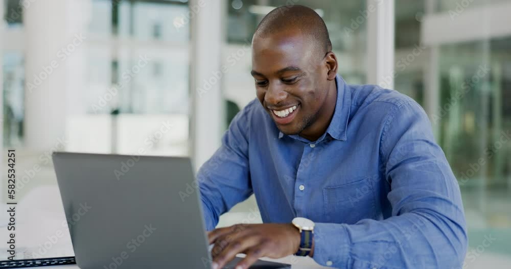 Laptop, office administration and happy black man typing finance report, online banking review or financial accounting. Bookkeeping, budget funding analysis and bank admin working on payroll system Laptop, office administration and happy black man typing finance report, online banking review or financial accounting. Bookkeeping, budget funding analysis and bank admin working on payroll system
