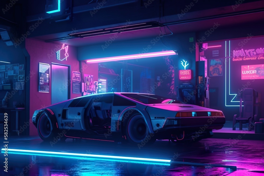 Cyberpunk garage of the future. Futuristic car. Bright shining neon ...