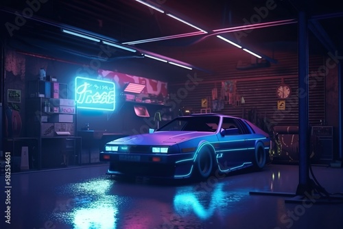 Cyberpunk garage of the future. Futuristic car. Bright shining neon. Cyberpunk Techno wallpaper. Photorealistic Generative AI illustration. © Valeriy