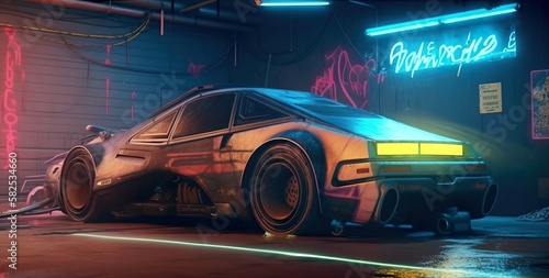 Cyberpunk garage of the future. Futuristic car. Bright shining neon. Cyberpunk Techno wallpaper. Photorealistic Generative AI illustration.