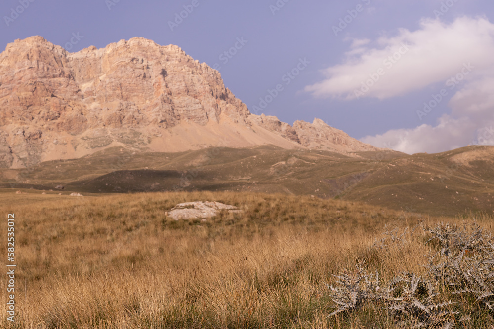 Mountain landscape - grand orange steep rock of canyon in bright sunny autumn day with fluffy white cloud in blue sky, golden dry meadow on slope with thistle. Amazing trip in Dagestan.