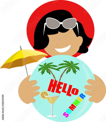 A girl in a beach hat and glasses smiles and holds a beach ball with the inscription hello summer. — копия