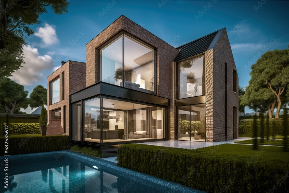 Fototapeta premium Luxury modern villa with swimming pool and garden, generative ai