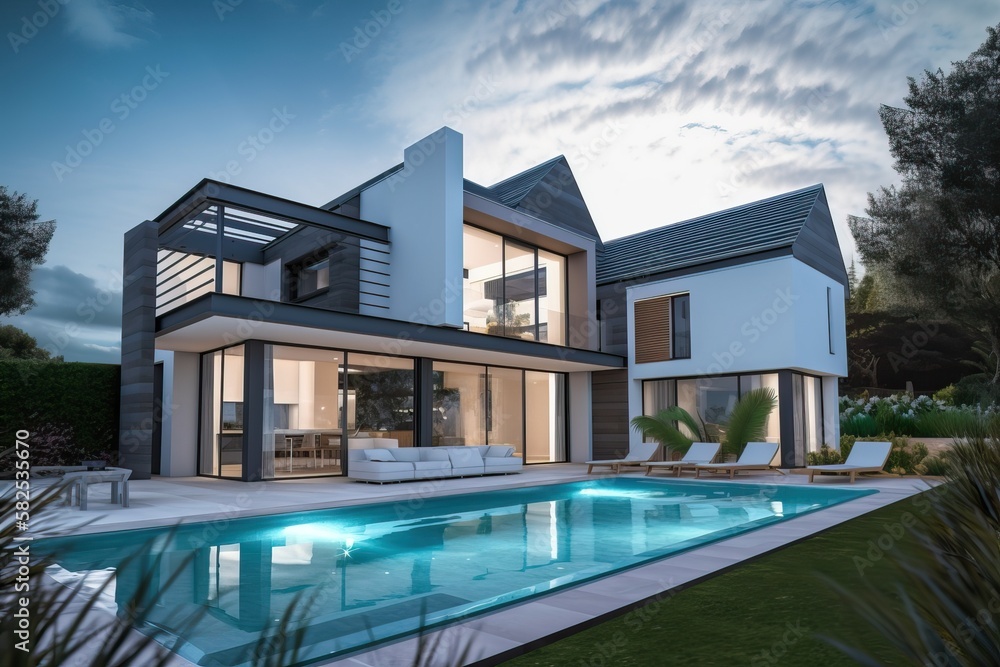Modern luxury home with pool and garden at blue hour, generative ai Modern luxury home with pool and garden at blue hour, generative ai