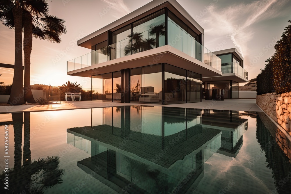 Fototapeta premium Modern luxury home with pool and garden at blue hour, generative ai