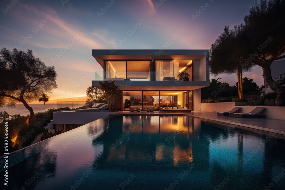 Modern luxury villa with pool and garden at blue hour, generative ai