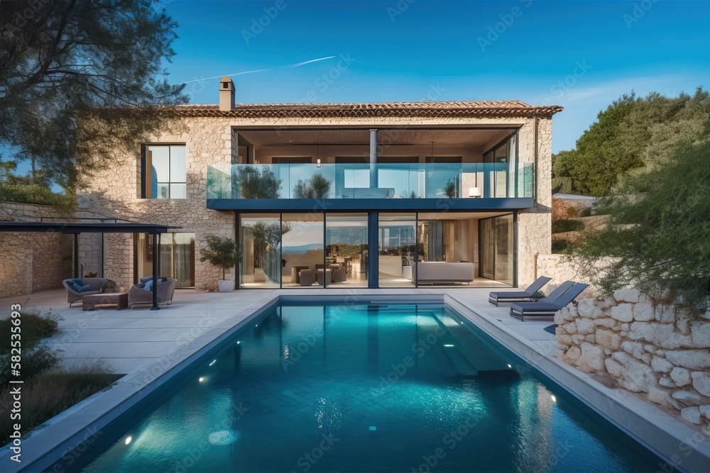 Fototapeta premium Luxury stone classic updated villa with swimming pool and garden, generative ai