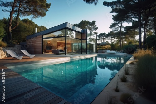 Luxury modern villa with swimming pool and garden, generative ai © FrankBoston