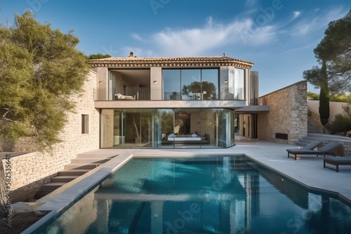Luxury stone classic updated villa with swimming pool and garden, generative ai © FrankBoston