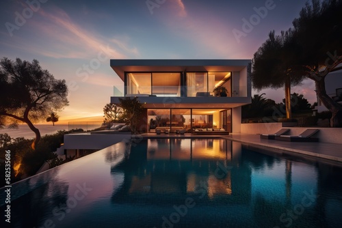 Modern luxury villa with pool and garden at blue hour  generative ai