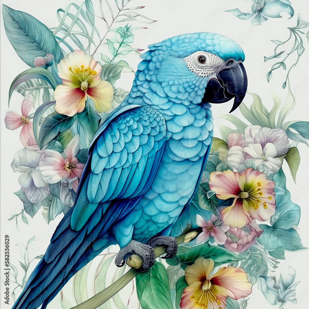 Fototapeta premium Watercolor parrot with tropical leaves and flowers.Generative AI technology.