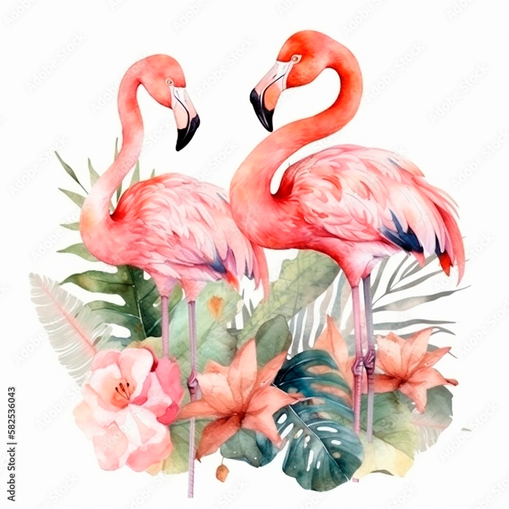 Fototapeta premium Watercolor pink flamingo with tropical leaves and flowers.Generative AI technology.