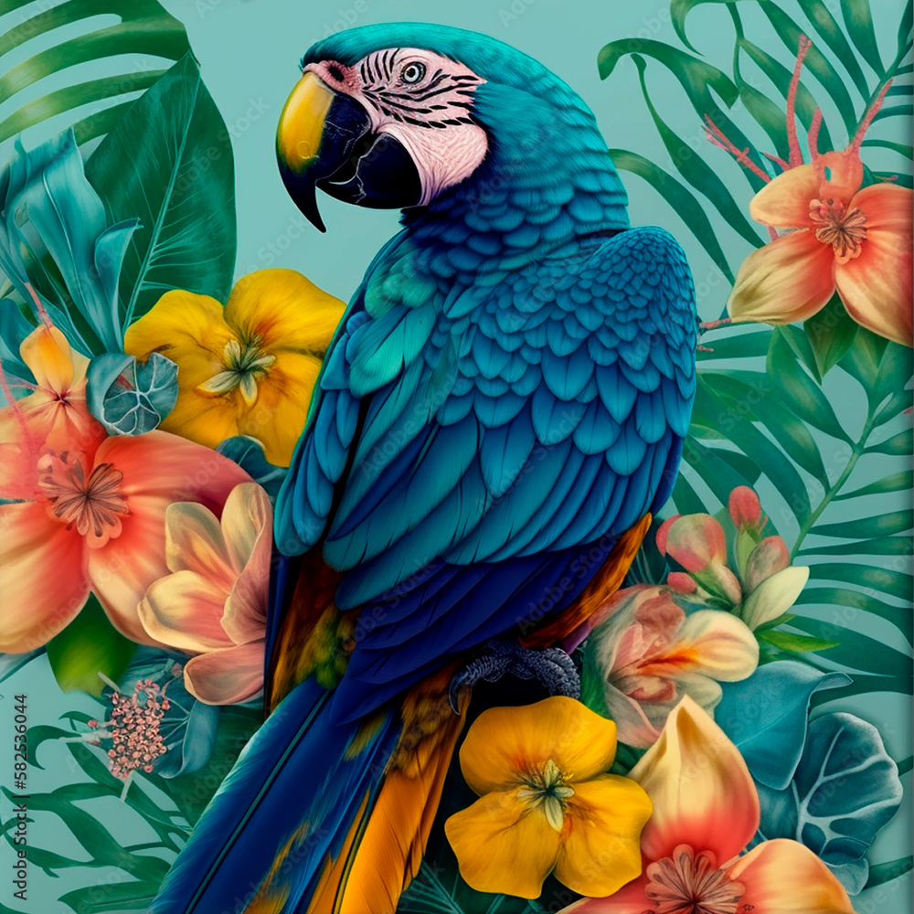 Fototapeta premium Watercolor parrot with tropical leaves and flowers.Generative AI technology.