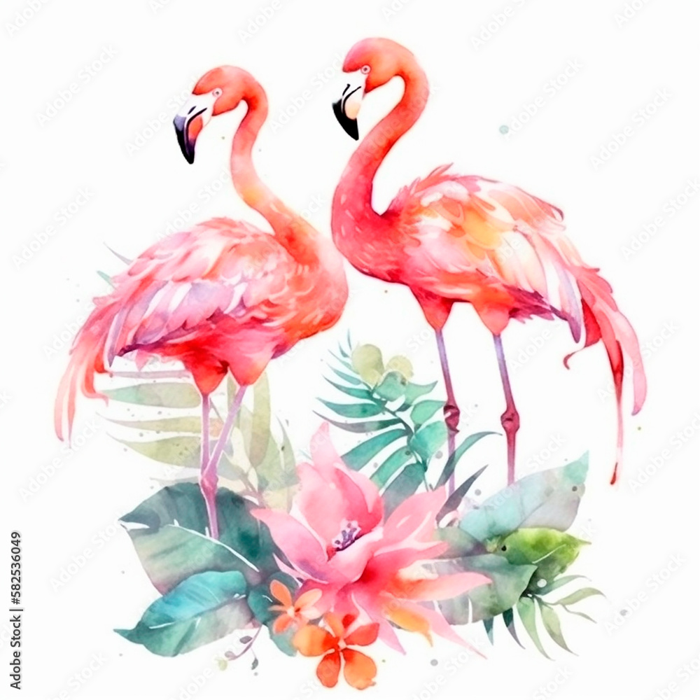 Obraz premium Watercolor pink flamingo with tropical leaves and flowers.Generative AI technology.