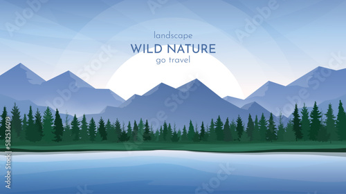 Mountain landscape. The sun sets behind the mountains. A river that calmly flows along a green valley. Coniferous forest and majestic mountains in the background. Design for poster, banner, postcard.