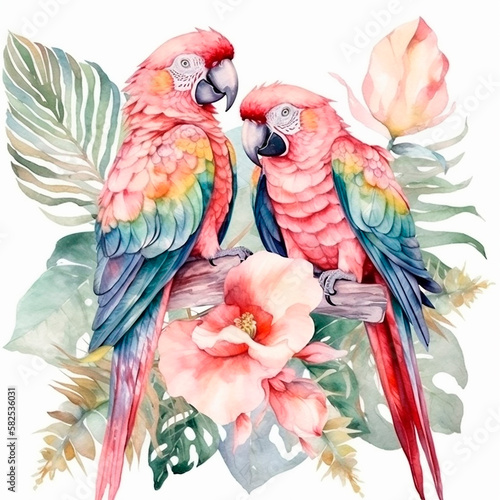 Watercolor parrot with tropical leaves and flowers.Generative AI technology. © Екатерина Якубович