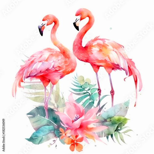 Watercolor pink flamingo with tropical leaves and flowers.Generative AI technology.