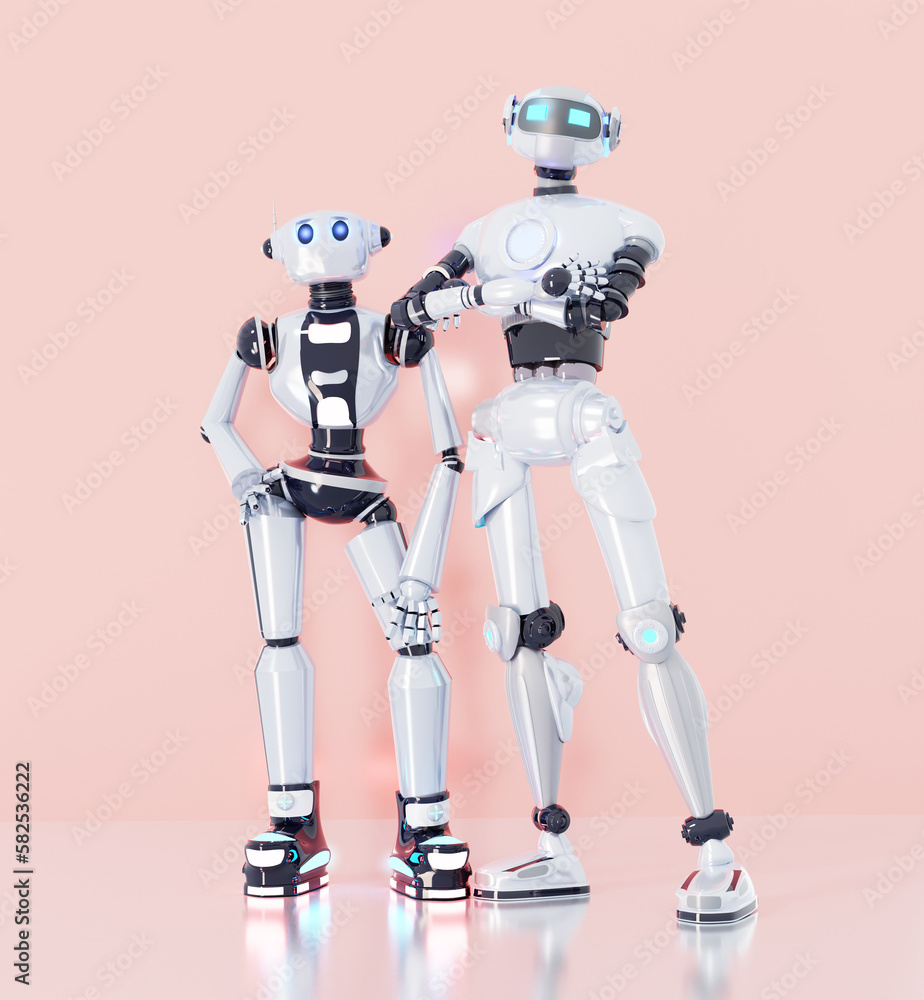 White robots posing to camera. Technology and computer science concept. 3D rendering illustration White robots posing to camera. Technology and computer science concept. 3D rendering illustration
