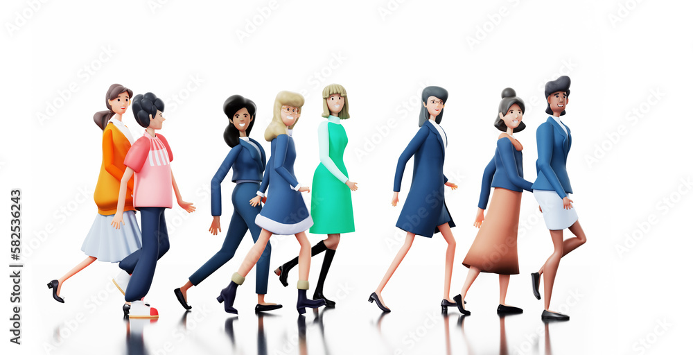 Group of happy business women walking in one direction. 3D rendering illustration Group of happy business women walking in one direction. 3D rendering illustration