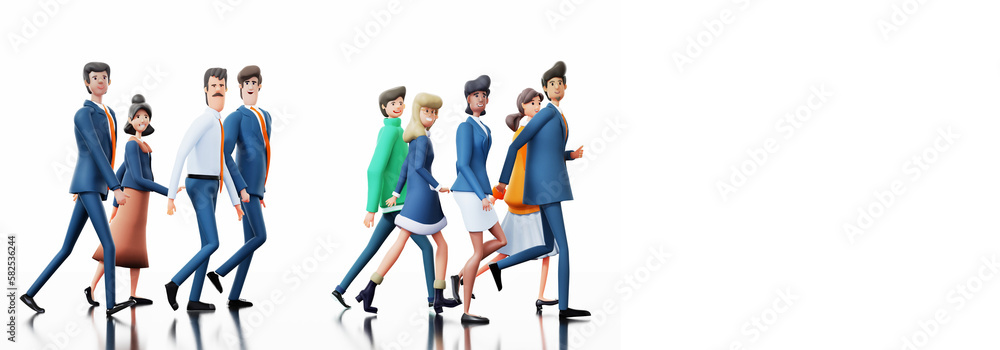 Group of happy busier people walking in one direction. 3D rendering illustration