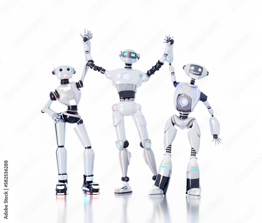 Fototapeta premium Tree robots standing together and holding hands up as symbol of winning and success. 3D rendering illustration