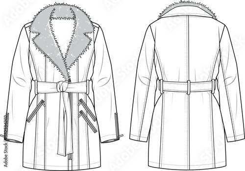 Unisex Pu Fur Collar Trench Coat. Technical fashion illustration. Front and back, white color. Unisex CAD mock-up.