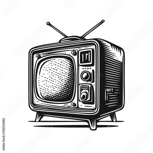 Hand drawn Retro TV set. Engraving woodcut style vector illustration.