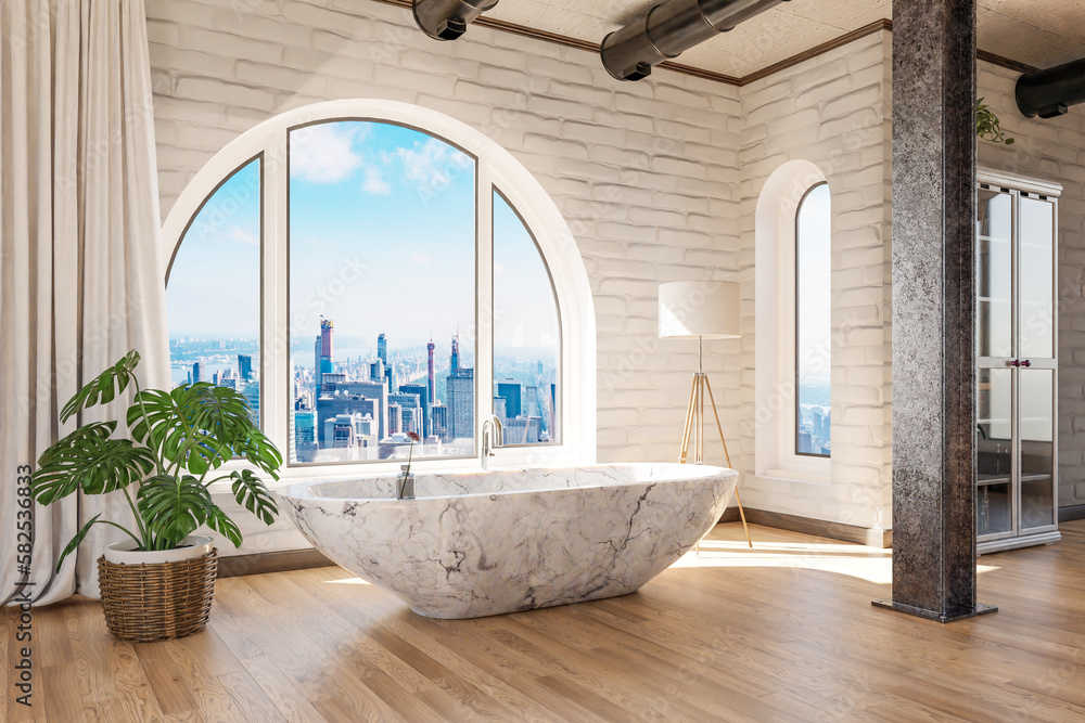 freestanding bath in lightflooded downtown loft apartment; minimalistic interior design; relaxation and spa concept; 3D Illustration