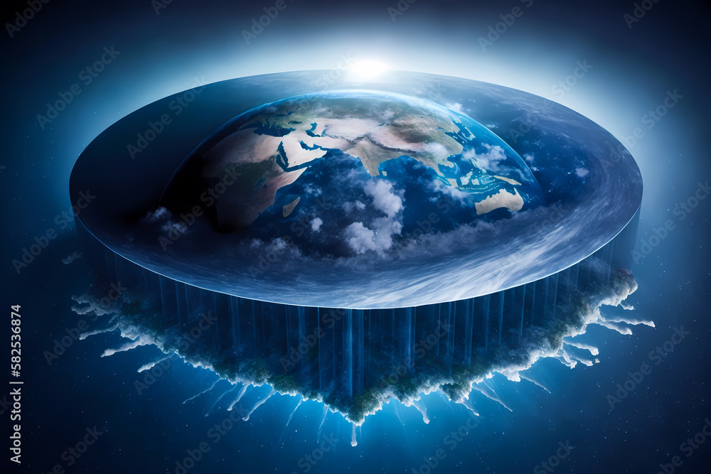 Flat Earth in space. Concept mythology universe and world are disk ...