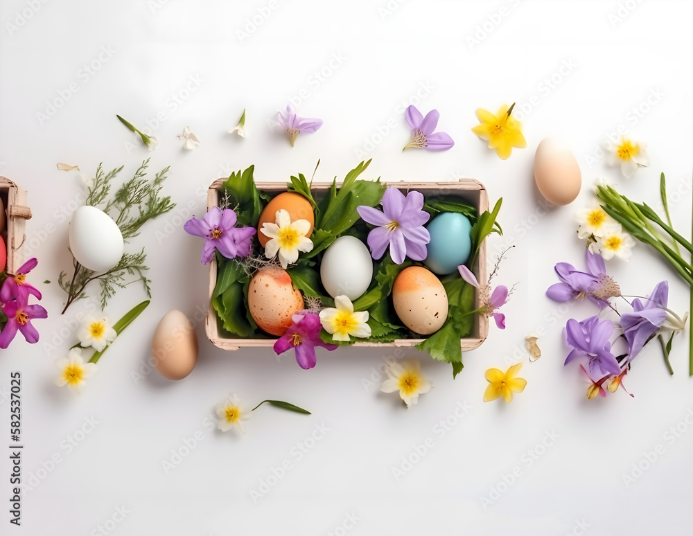 Easter decoration. Easter composition with colored eggs and flowers on white background. Generative AI