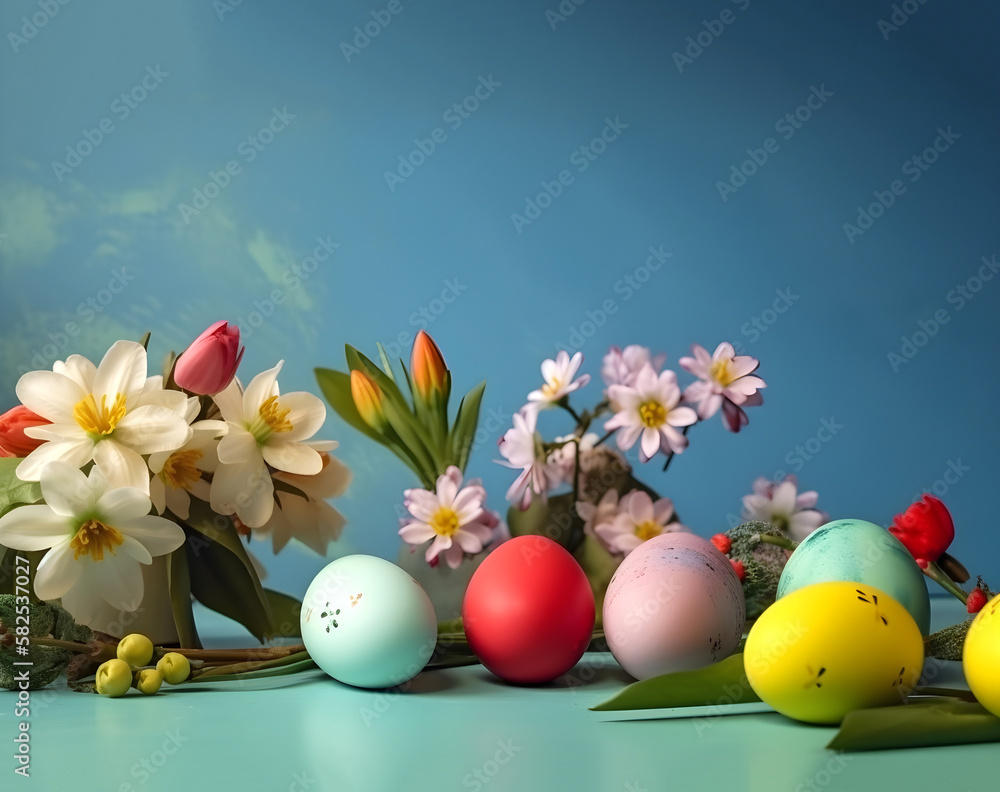 Easter decoration. Easter composition with colored eggs and flowers. Generative AI