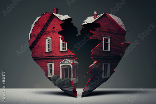Concept division of jointly acquired property in marriage, separation of house during divorce of family. Heart shaped apartment is torn in half. Generation AI