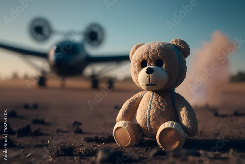 Toy bear sits background burning airplane accident. Concept terrorist attack plane, war bomb, children died. Generation AI