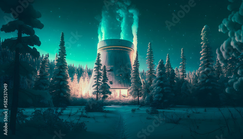 Atomic power plant Winter landscape with color northern lights Aurora Borealis. Generation AI