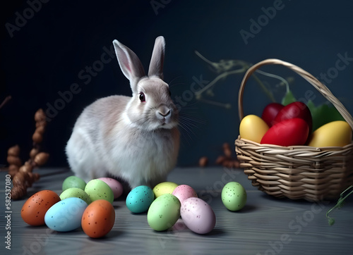 Easter composition with rabbit and colored eggs. Generative AI © tynza