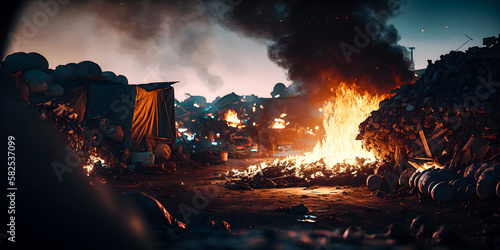 Banner Waste dump with fire. Burning garbage heap with toxic smoke. Generation AI
