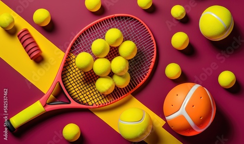  a tennis racket and balls on a pink and yellow surface with a yellow stripe and a pink and yellow background with a red and yellow stripe.  generative ai © Shanti