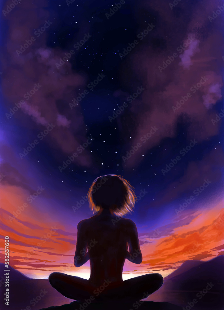 beautiful illustration of a person sitting in meditation on an open field, surrounded by the vastness of the night sky. The stars twinkle brightly above, creating a serene and peaceful atmosphere