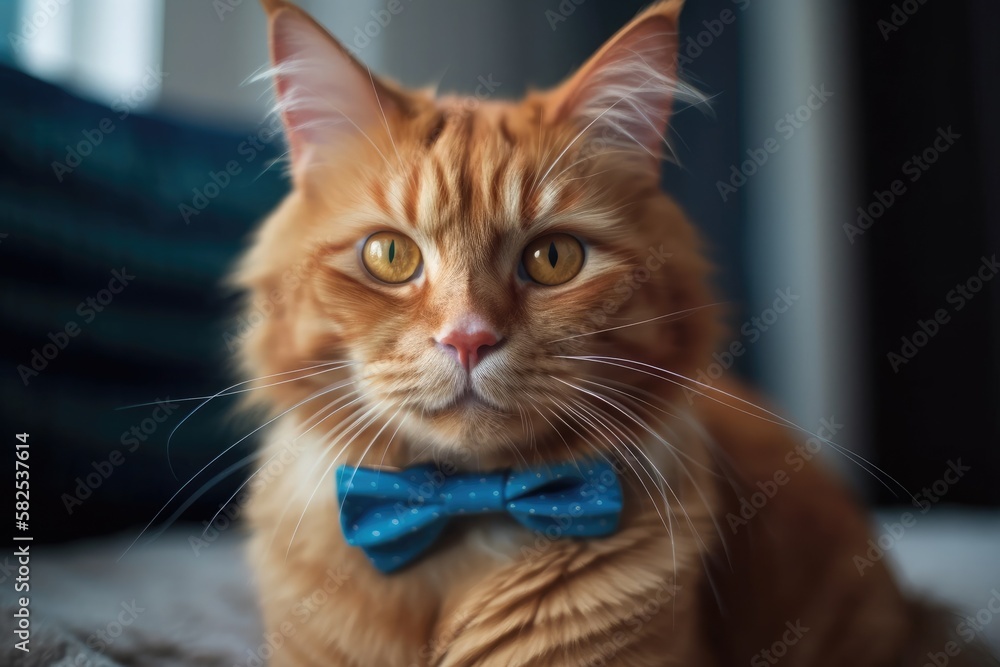 indoor pet red cat with a blue bow tie. Generative AI
