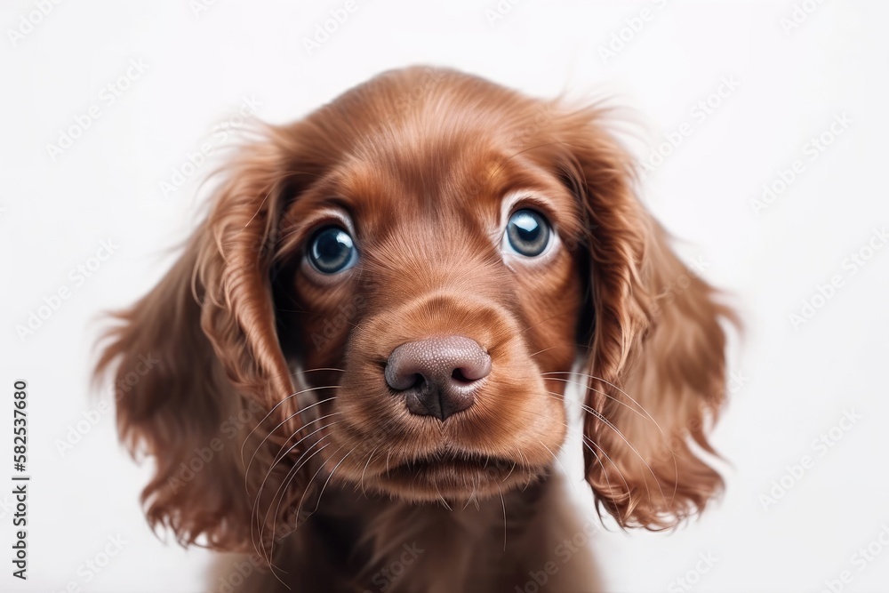 Taking a look at the camera. Close up of a stunning attractive puppy, a Cocker Spaniel, posing on a white background. Motion concept, pet love, and animal life. He appears to be cheerful and amusing