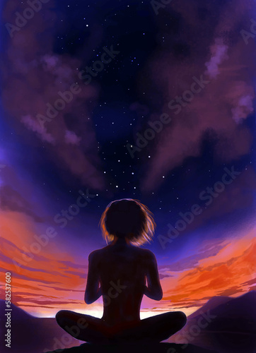beautiful illustration of a person sitting in meditation on an open field, surrounded by the vastness of the night sky. The stars twinkle brightly above, creating a serene and peaceful atmosphere