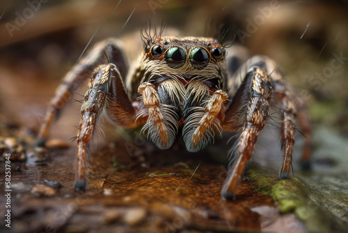 Close-up of jumping spiders with big eyes. In a seemingly natural environment. AI generated illustration. © Czintos Ödön
