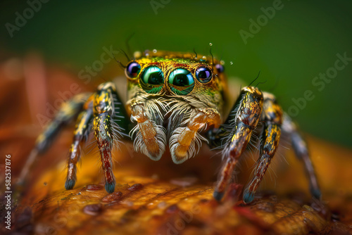 Close-up of jumping spiders with big eyes. In a seemingly natural environment. AI generated illustration.