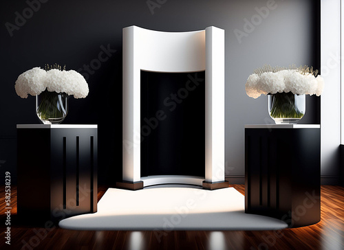 Black AND White podium product display empty background design with white flowesr glass vases photo