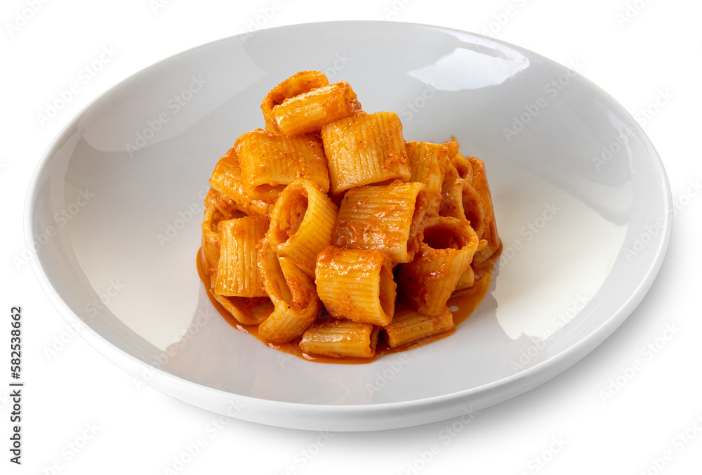 Mezze maniche macaroni pasta cooked with red tomato sauce in white plate Mezze maniche macaroni pasta cooked with red tomato sauce in white plate
