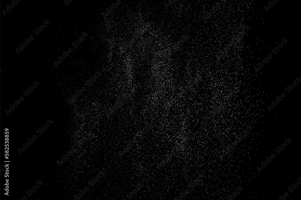 Distressed white grainy texture. Dust overlay textured. Grain noise particles. Rusted black background. Vector illustration. EPS 10.   