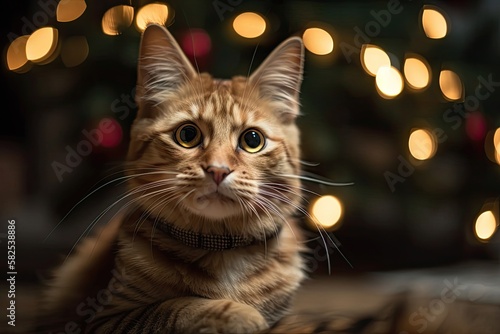 Cat seated in front of a Christmas tree and Christmas lights, with its mouth open. Golden bow adorned kitten posing for the camera. A cat with an open mouth. Kitten with large green eyes. Merry Christ