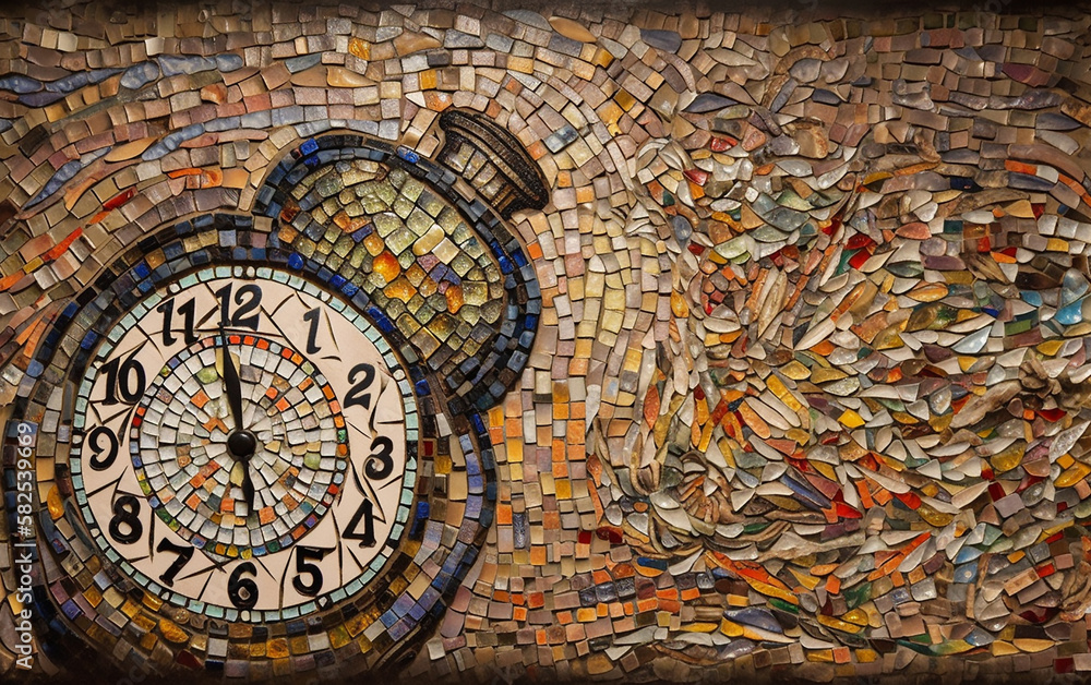 Pocket watch amidst a mosaic background, showcasing the intricate blend of time and textured art patterns.