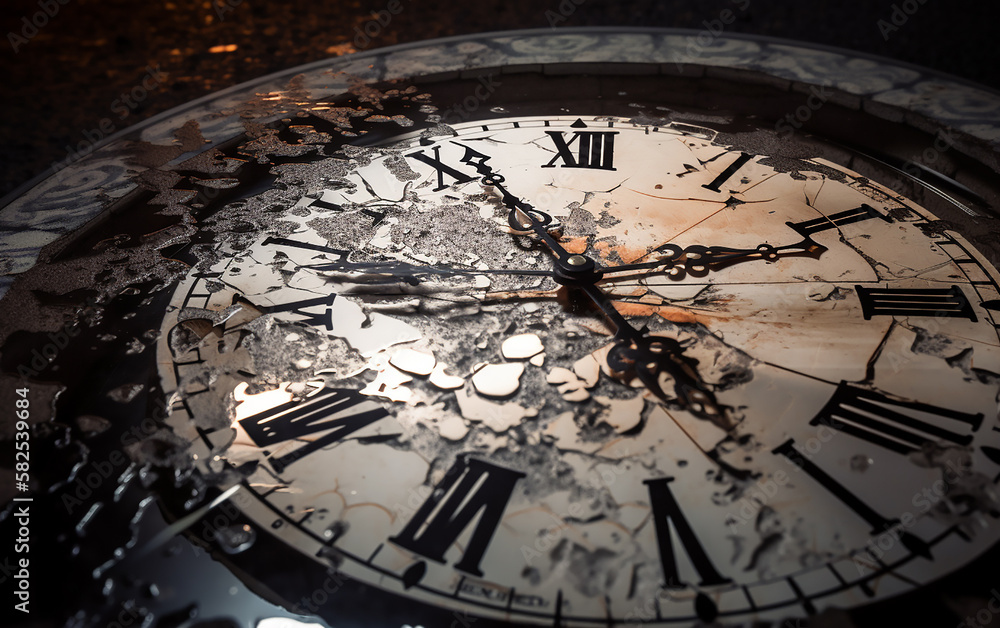 Shattered clock face representing the concept of broken time or time running out in a dramatic setting.