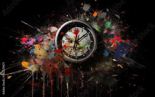 Stopwatch with a burst of colorful splatters, capturing a moment of time in a vivid and artistic explosion.